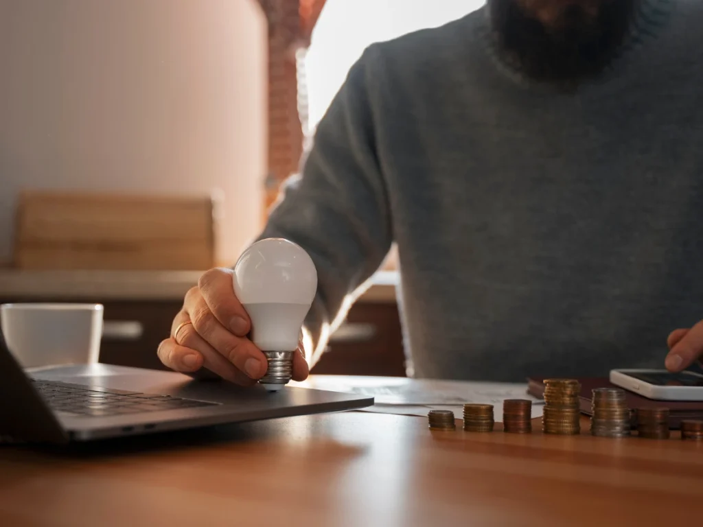 Hand holding a light bulb beside a laptop and stacked coins